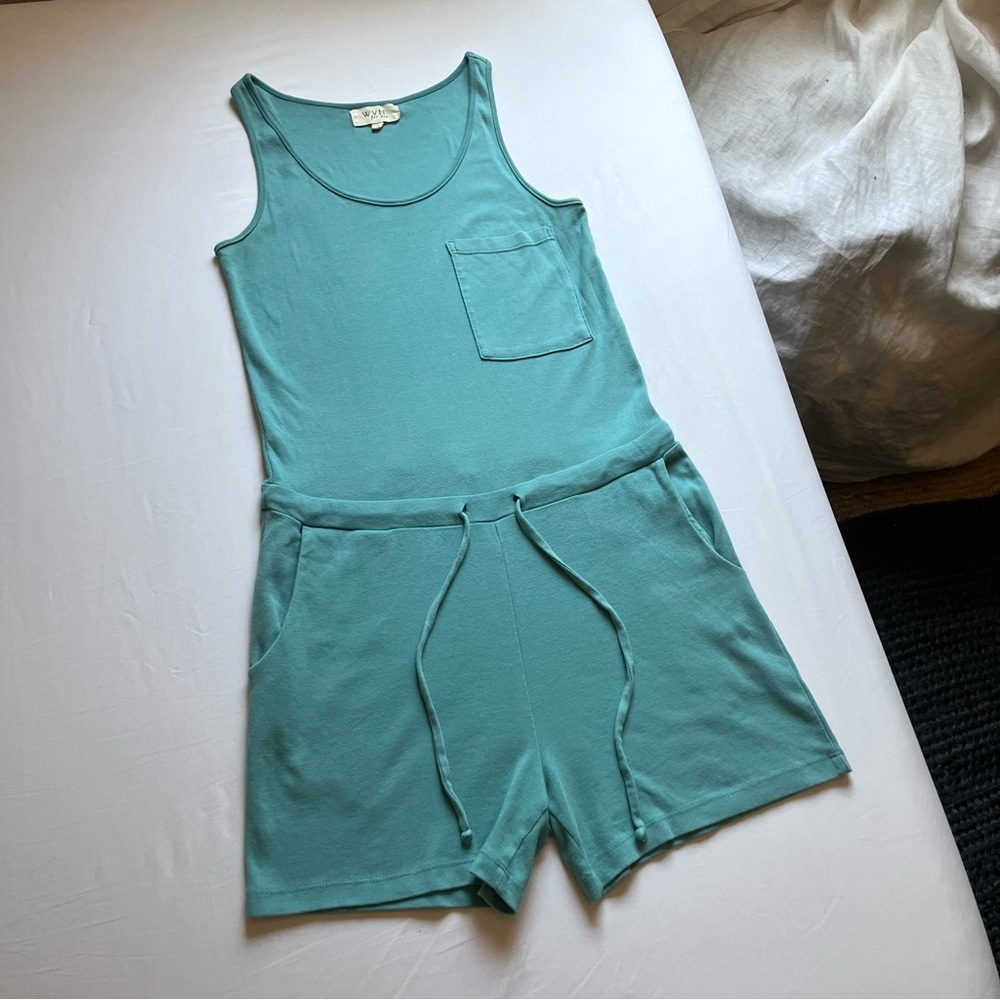 WVN teal blue knit scoop neck organic‎ cotton sleeveless romper